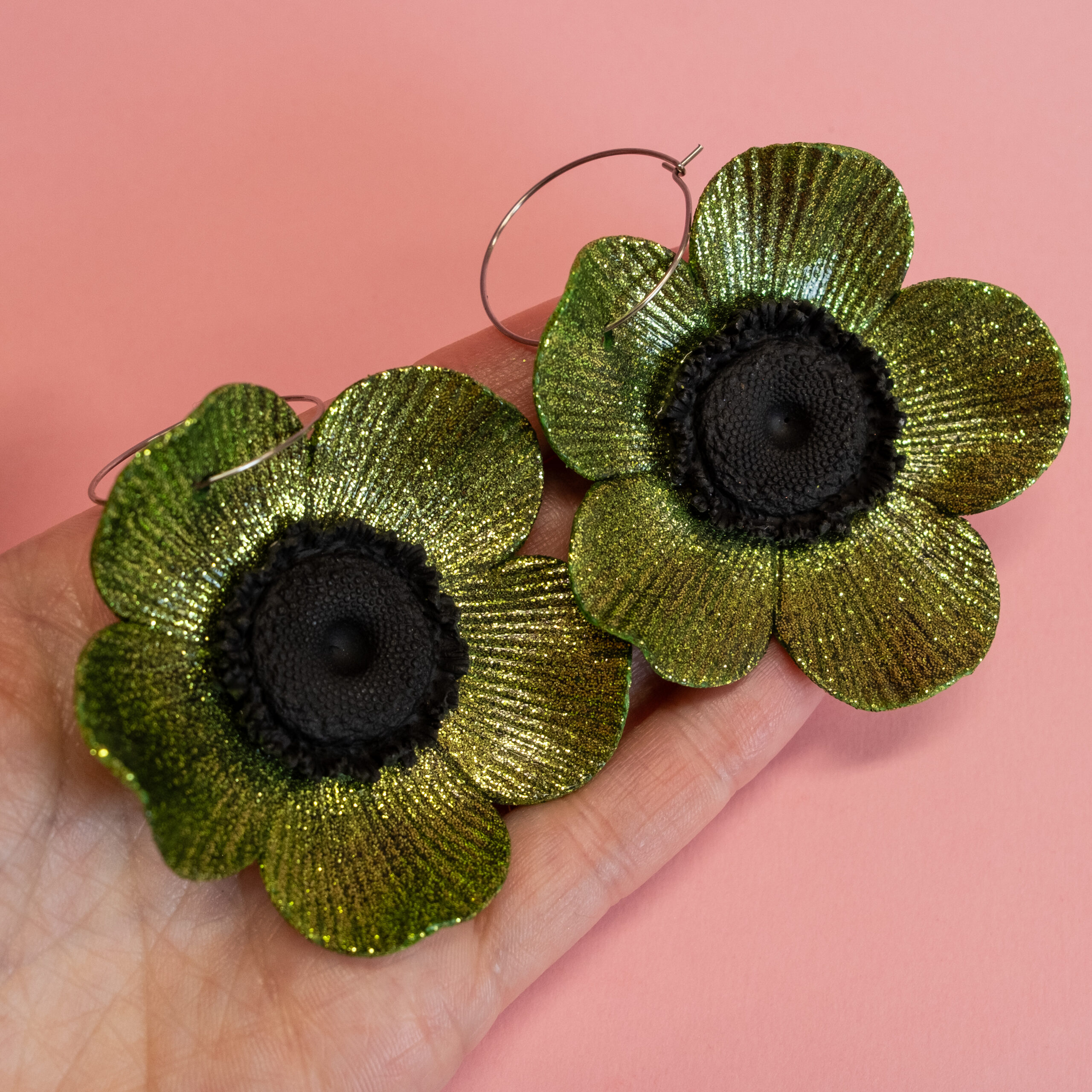 Retroblomma örhängen - Dark Green - Glitter - Bild 2